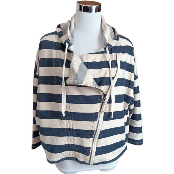 LOFT Lightweight Jacket S Moto Zip Hoodie Cotton Blue Cream Striped Coastal Trip - Picture 3 of 10